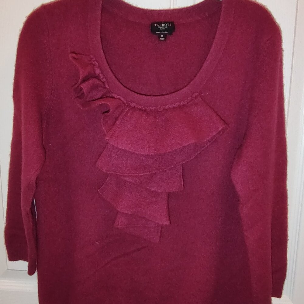 TALBOTS 100% CASHMERE SWEATER MERLOT 3/4 LENGTH SLV RUFFLED FRONT MEDIUM PETITE